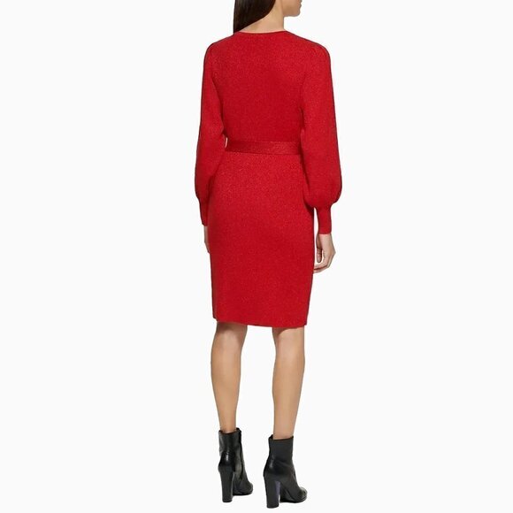 Calvin Klein Red Metallic Tie-Waist Sweater Dress Knit Long Sleeve Pull On NWT - Picture 3 of 16